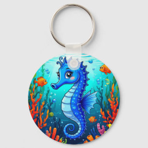 Porte-clés Hippocampe Coloré dans un Récif de Corail Vibrant