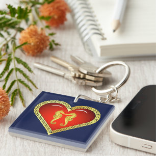 Porte-clés Hippocampe d'or marin Céleste coeur rouge/bleu