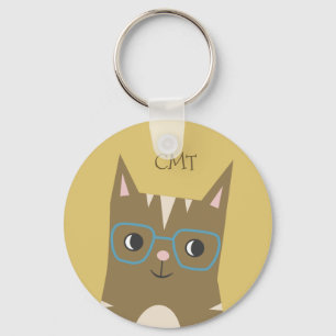 Porte-clés Hipster Tabby Cat with Glasses   Monogram