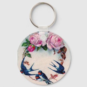 Porte-clés hirondelles et roses de cru sur cyan