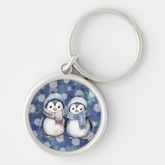 Porte-clés Hiver Bleu Aquarelle Pingouins Écarts Casquette (Devant)
