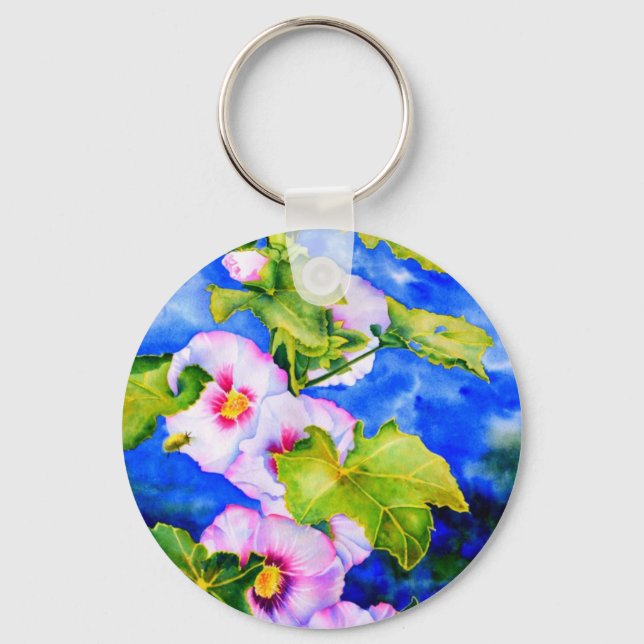 Porte-clés Hollyhocks élégants à l'aquarelle (Recto)