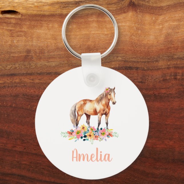 Porte-clés Horloge Aquarelle Rose Nom Enfants Pony (Recto)
