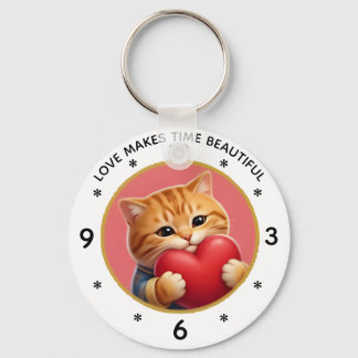 Porte-clés Horloge murale chat roux mignon avec citation d'am