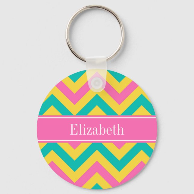 Porte-clés HotPink2 Ananas Turquoise LG Chevron Nom Monogramm (Recto)