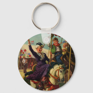 Porte-clés Humour vintage, grand-mère sur un joyeux cheval