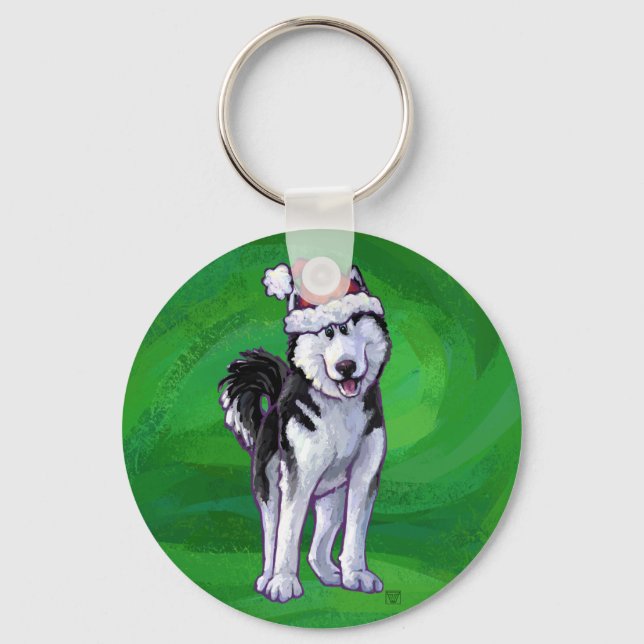 Porte-clés Husky festif avec chapeau de Père Noël sur fond ve (Recto)