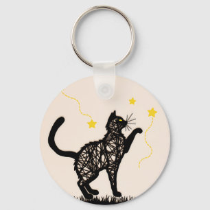 Porte-clés Illustration de chat noir étoiles ludiques