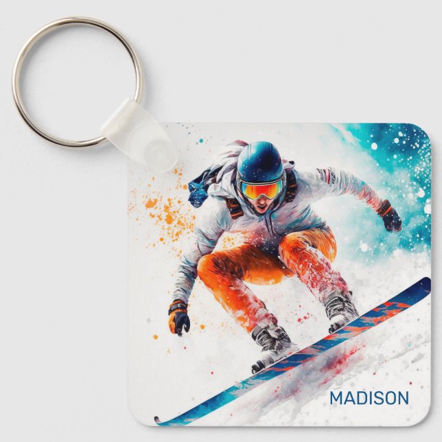 Porte-clés Illustration de snowboarder de nom personnalisé (Recto)