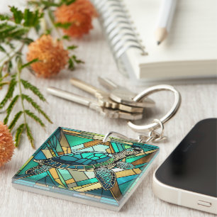 Porte-clés Illustration de tortue marine en verre