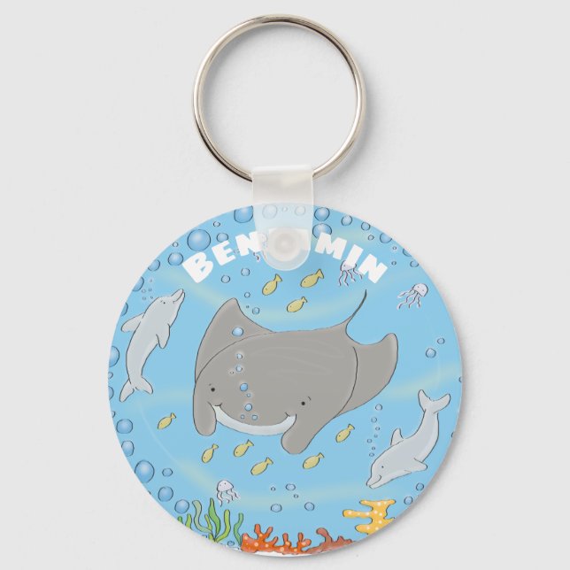Porte-clés Illustration d'une mignonne raie manta et de dauph (Recto)