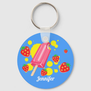 Porte-clés Illustration Fun Pink Popsicle and Strawberries