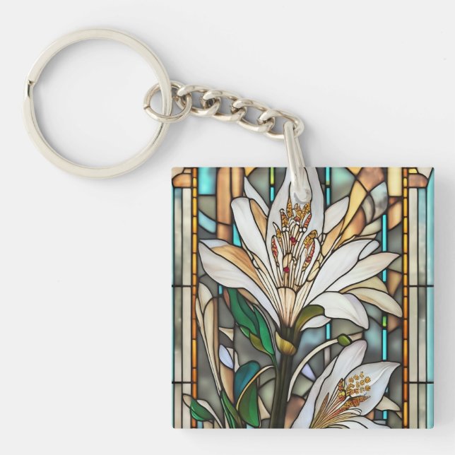 Porte-clés Illustration Lily blanche en verre tendu (Devant)