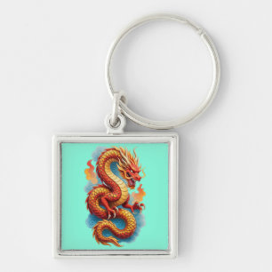 Porte-clés Illustration rouge du dragon chinois enflammé-6756