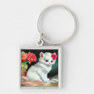 Porte-clés Illustration vintage de Kitten blanc avec fleurs r
