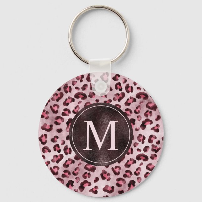 Porte-clés Impression d'animal à léopard rose avec monogramme (Recto)