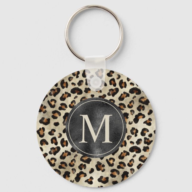 Porte-clés Impression d'animal léopard avec monogramme en feu (Recto)