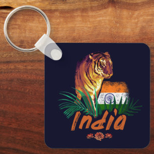Porte-clés Inde Tigre Vintage Avec Drapeau Retro Lotus Souven