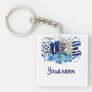 Porte-clés Infirmière bleu audacieux motif animal, fleurs