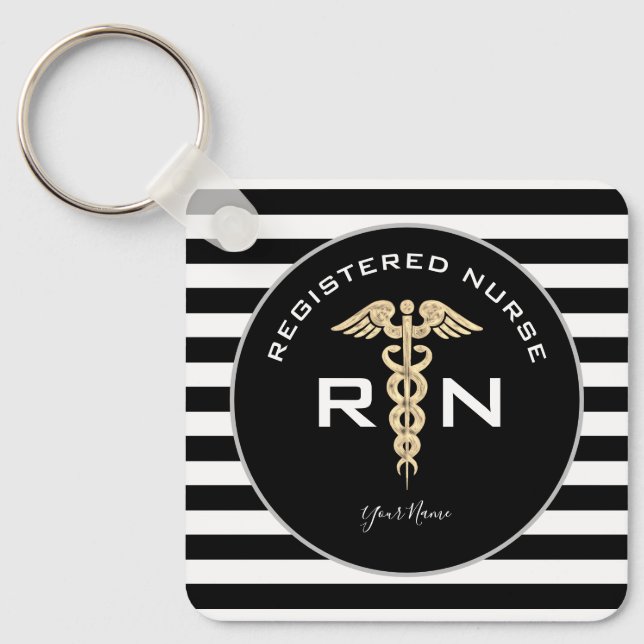 Porte-clés Infirmière RN personnalisée Or noir moderne (Recto)