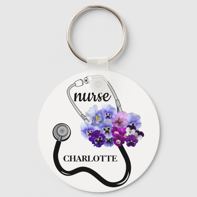 Porte-clés Infirmière Stethoscope et Blue Pansy Floral (Recto)