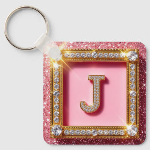 Porte-clés Initiale Diamant J Paillettes Roses Cadre Or Monog