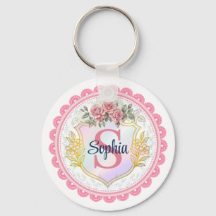 Porte-clés Initiale & Monogramme de Nom Floral Élégant