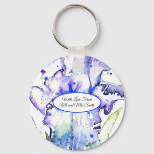 Porte-clés Iris Violet Aquarelle Mariage Bleu
