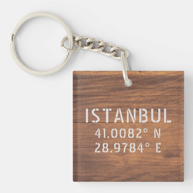 Porte-clés Istanbul Latitude et Longitude Bois foncé (Devant)