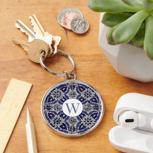 Porte-clés Italien Azulejo Bleu Blanc Géométrique Monogramme (Bureau)