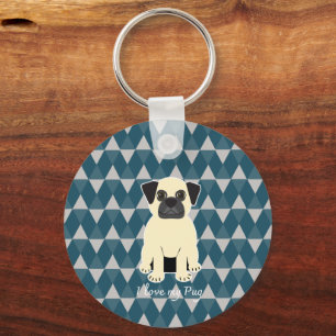 Porte-clés J'adore mon Pug, motif diamants bleus
