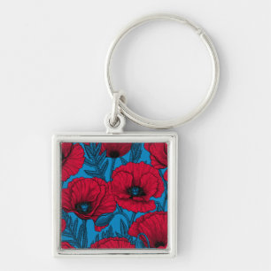 Porte-clés Jardin de pavot rouge sur bleu