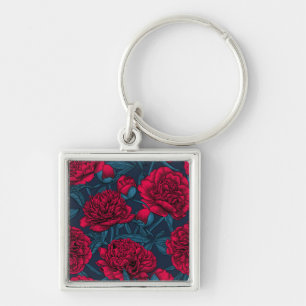 Porte-clés Jardin de pivoine rouge sur bleu foncé