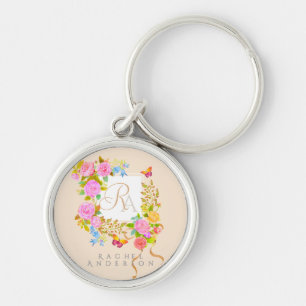 Porte-clés Jardin fleuri romantique avec monogramme 