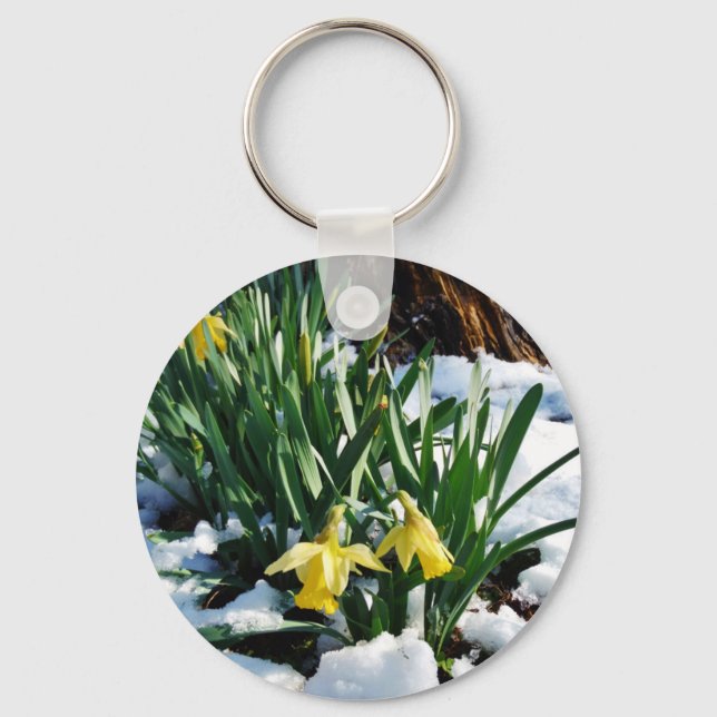 Porte-clés Jaune Daffodils fleurs dans la neige (Recto)