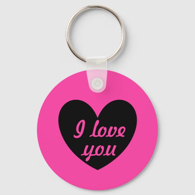 Porte-clés "Je t'aime" coeur noir sur fuchsia (Recto)