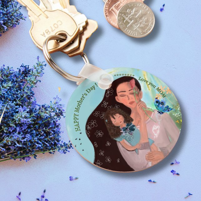 Porte-clés Je t'aime MOM avec une petite fille (Love you MOM with a little girl Keychain  (2))