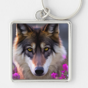 Porte-clés Jeune loup en fleurs roses
