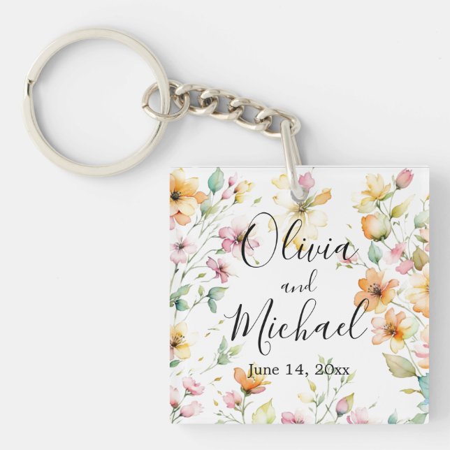 Porte-clés Joli Boho Orange rose Aquarelle Fleurs sauvages (Devant)