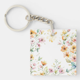 Porte-clés Joli Boho Orange rose Aquarelle Fleurs sauvages
