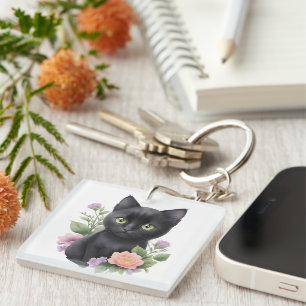 Porte-clés Joli Chat Noir Floral Fantaisiste