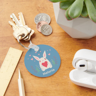 Porte-clés Joli Lapin Blanc Avec Coeur Personnalisé