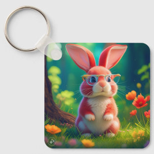 Porte-clés Joli lapin rose sur l'herbe verte