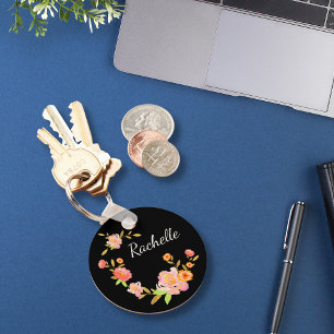 Porte-clés Joli Monogramme Floral Orange & Rose Personnalisé