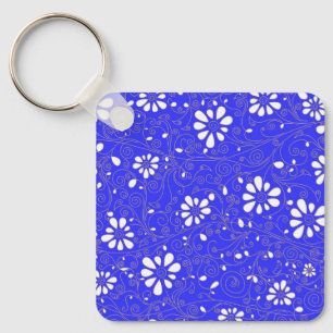 Porte-clés Joli motif de fleurs classique bleu blanc