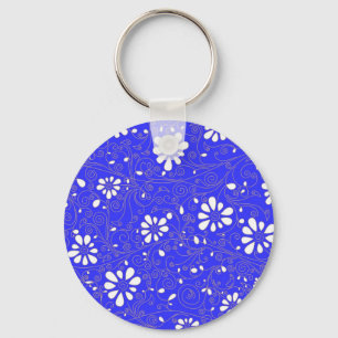 Porte-clés Joli motif de fleurs classique bleu blanc