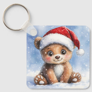Porte-clés Joli Noël d'hiver Ourson Santa Aquarelle