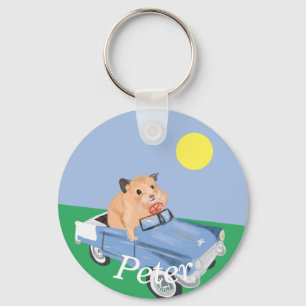 Porte-clés Joli petit hamster conduisant une voiture bleue 