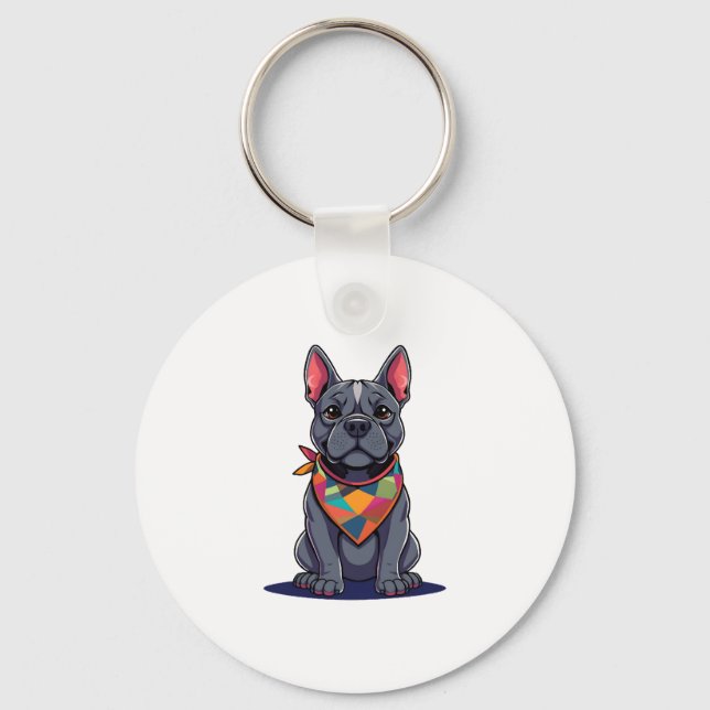 Porte-clés Joli Pitbull Frenchie Chien avec Bandana Art (Recto)