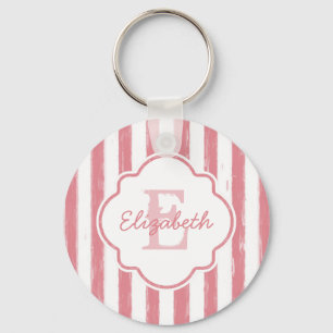 Porte-clés Joli rose peint rayures Monogramme et nom